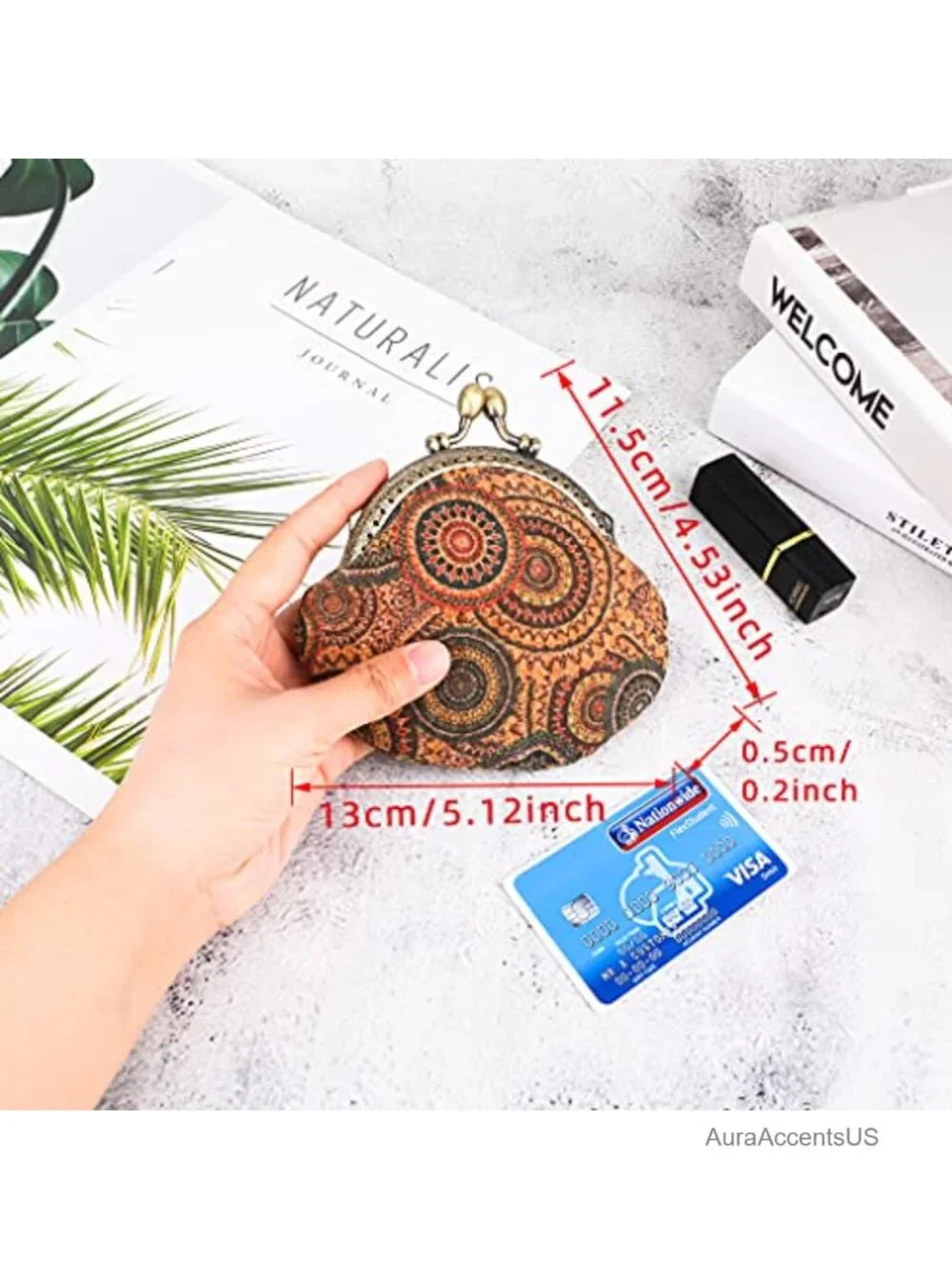 Vintage Floral Kiss-lock Coin Purse PU Leather Wood Grain Key Holder Wallet